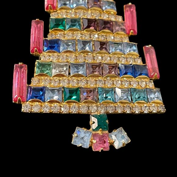 Vintage Dominique Candle Christmas Tree Brooch Pin Rhinestone Jewelry Signed - Picture 3 of 9